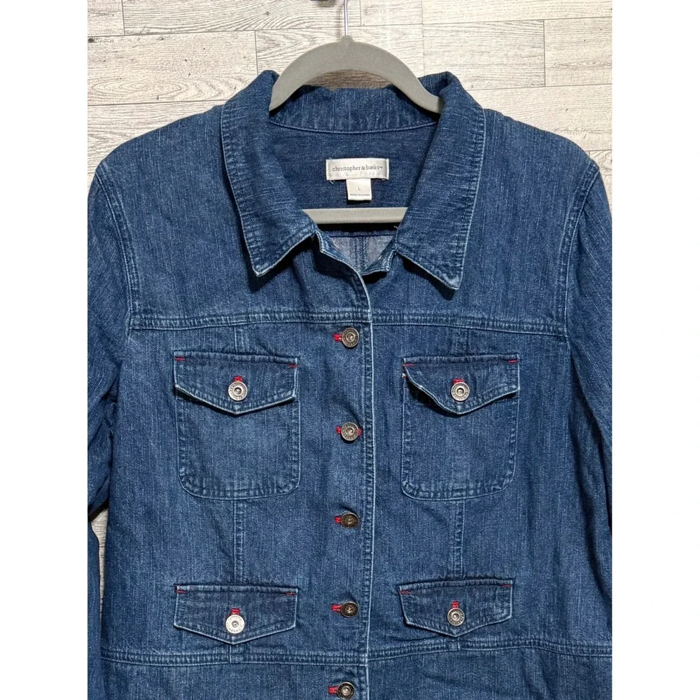 Christopher & Banks Womens‎ Medium Wash Denim Trucker Jacket Red Stitch Size L